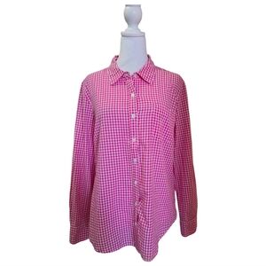 Ellen Tracy Pink & White Gingham Long Sleevel Cotton Button Up Shirt Sz  L EUC